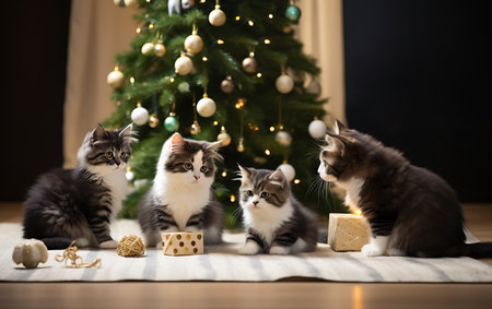 Cute kittens with Christmas tree and gifts on floor at home.の素材