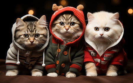 Three cute kittens in warm sweaters on dark background, closeupの素材