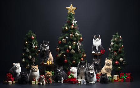 Group of cats and kittens in front of a Christmas tree on black backgroundの素材