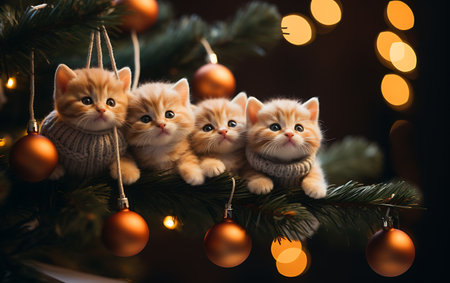 Adorable ginger kittens sitting on Christmas tree branch and looking at camera.の素材