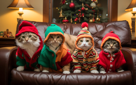 Group of three cats in Christmas sweaters and hats sitting on sofaの素材