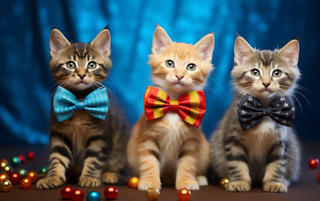 Three cute kittens with bow tie and Christmas balls on blue background.の素材