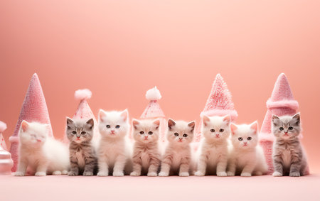 Cute white kittens in christmas hats on pink background, copy spaceの素材