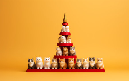 Merry Christmas and Happy New Year greeting card. Cute cat in the form of a Christmas tree.の素材