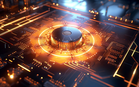 Circuit board with electronic components. 3d rendering toned imageの素材