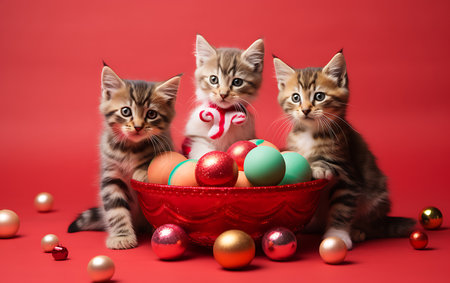 Three kittens in a red basket with Easter eggs on a red backgroundの素材