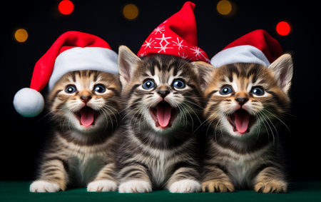 Group of three cute siberian kittens in christmas hats on black backgroundの素材