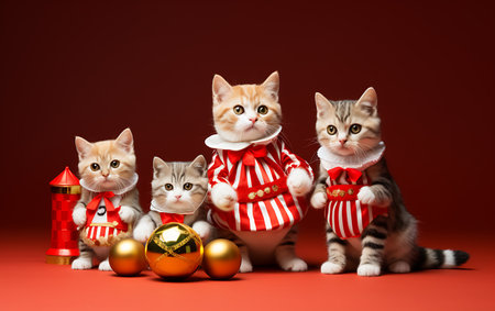 Group of cute kittens in Santa Claus clothes with Christmas balls on red backgroundの素材