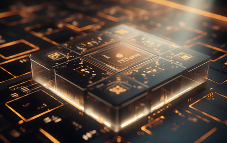 3d illustration of abstract technological background with golden cubes. 3d renderingの素材