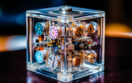 Close up of electronic clock inside a glass case on a table.の素材