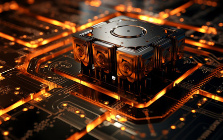 3d illustration of computer circuit board with microchips closeupの素材