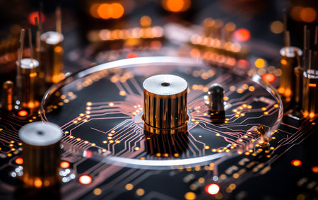 Electronic circuit board close-up with electronic components. Technology backgroundの素材