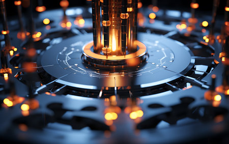 3d rendering of abstract technology concept with glowing lights on black backgroundの素材