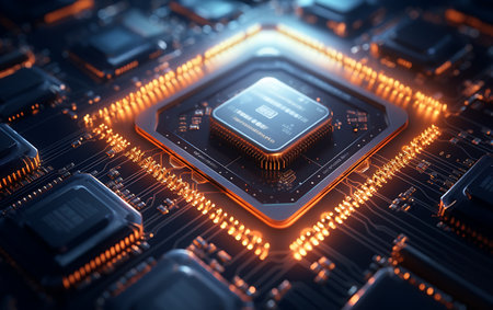 Close-up view of modern electronic circuit board. 3D renderingの素材