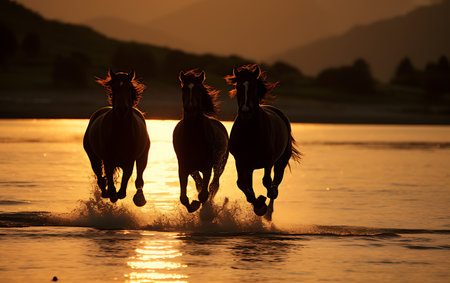 Horses galloping in the water at sunset, Camargue, Franceの素材