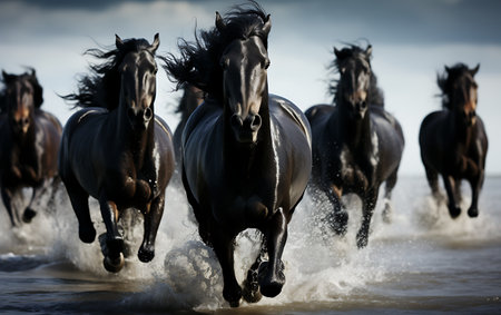 White horses running on the beach at sunsetの素材