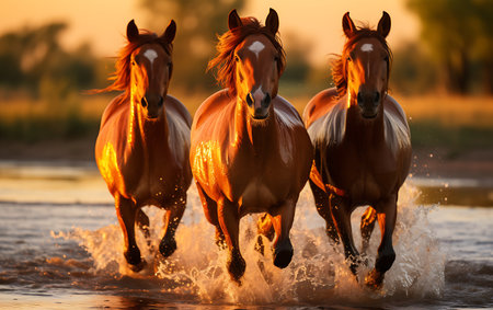 White horses running on the beach at sunsetの素材