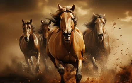 White horses running on the beach at sunsetの素材