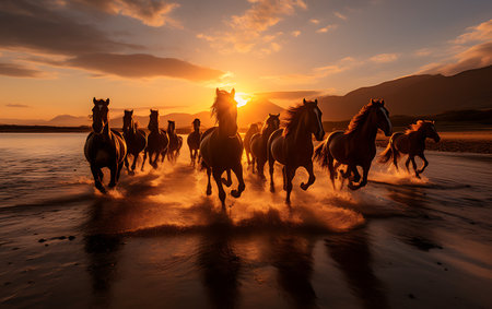 White horses running on the beach at sunsetの素材