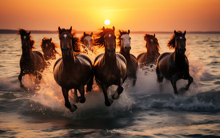 White horses running on the beach at sunsetの素材
