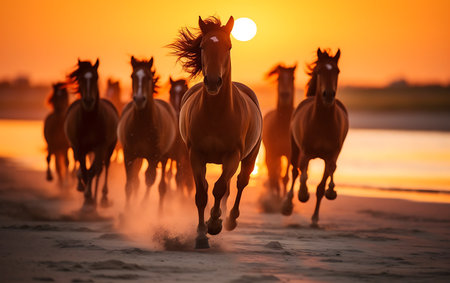 White horses running on the beach at sunsetの素材