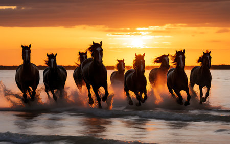 White horses running on the beach at sunsetの素材
