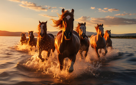 White horses running on the beach at sunsetの素材