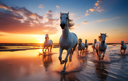 White horses running on the beach at sunsetの素材