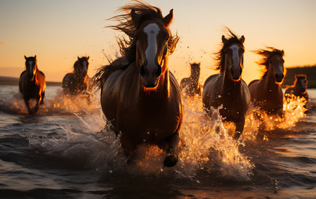 White horses running on the beach at sunsetの素材