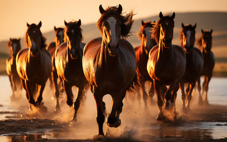White horses running on the beach at sunsetの素材