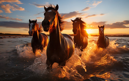White horses running on the beach at sunsetの素材