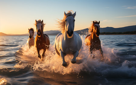 White horses running on the beach at sunsetの素材