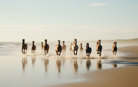 White horses running on the beach at sunsetの素材