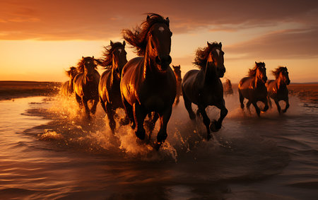 White horses running on the beach at sunsetの素材
