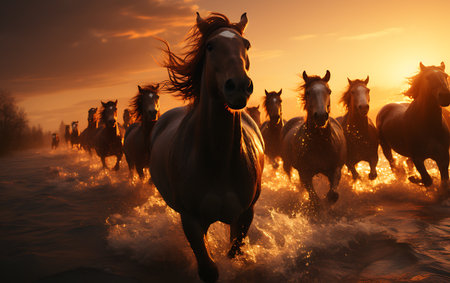 White horses running on the beach at sunsetの素材