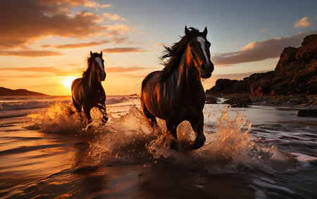 White horses running on the beach at sunsetの素材