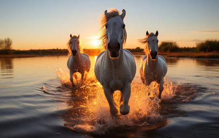 White horses running on the beach at sunsetの素材