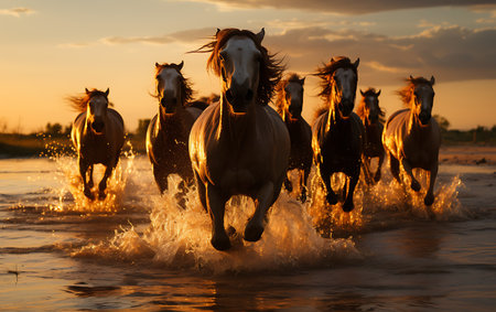 White horses running on the beach at sunsetの素材