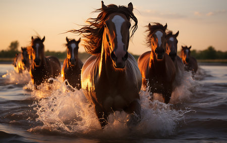 White horses running on the beach at sunsetの素材