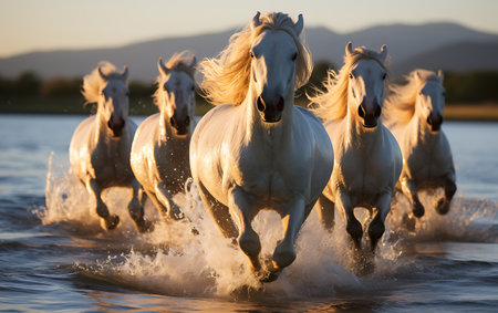 White horses running on the beach at sunsetの素材