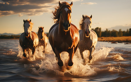 White horses running on the beach at sunsetの素材
