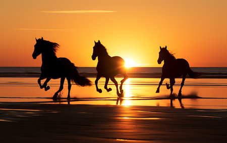 White horses running on the beach at sunsetの素材