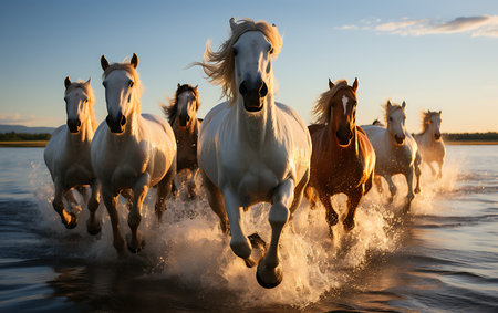 White horses running on the beach at sunsetの素材