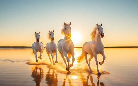 White horses running on the beach at sunsetの素材
