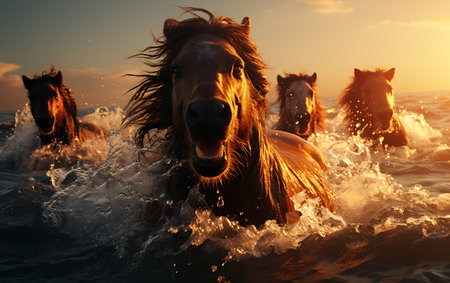 White horses running on the beach at sunsetの素材