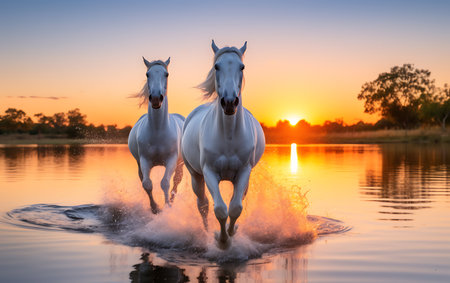 White horses running on the beach at sunsetの素材