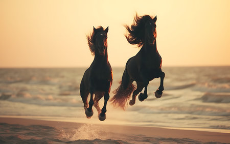 White horses running on the beach at sunsetの素材