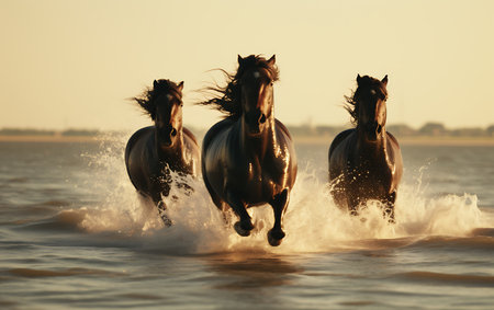 Bay horses run gallop in the sea water at sunset or sunriseの素材