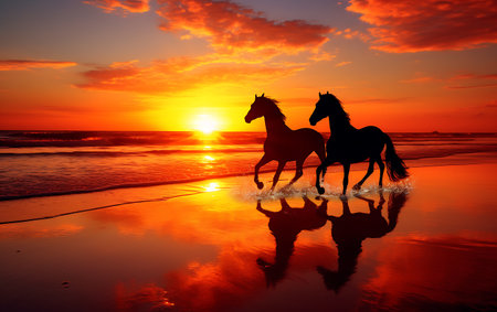White horses running on the beach at sunsetの素材