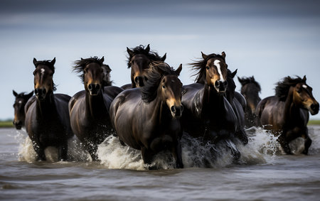 White horses running on the beach at sunsetの素材